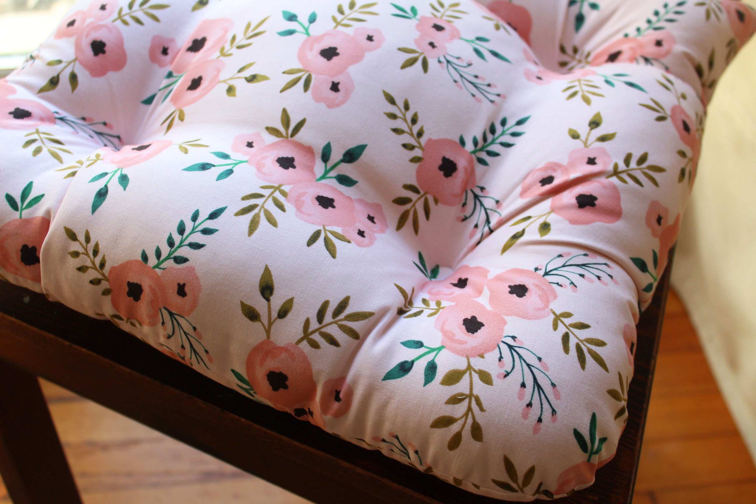 Pink Chair Cushion Tufted Pad Pastel Watercolor Floral Etsy Norway