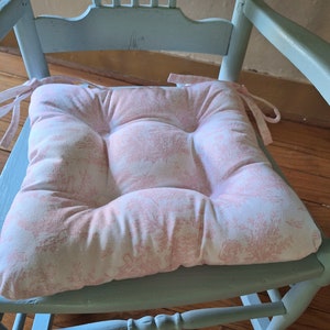 Pink Toile Seat Cushion, Pink and White Tufted Chair Pad, French Country, Rocking chair Chair, shabby cottage chic decor, Baby Nursery image 2