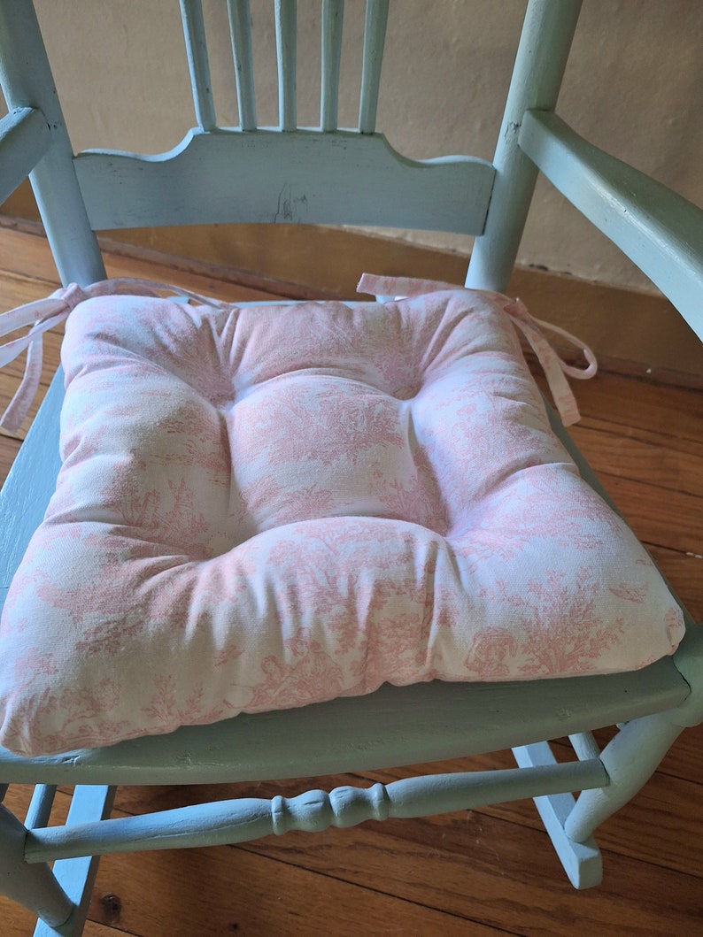 Pink Toile Seat Cushion, Pink and White Tufted Chair Pad, French Country, Rocking chair Chair, shabby cottage chic decor, Baby Nursery image 2