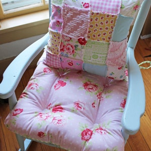 Rose Chair Cushion, Tufted Pad, Pink Floral AND Green Gingham, Reversible, Shabby Chic, Custom Seat, Rocking Chair 12, 14, 16, OR 18 Inch