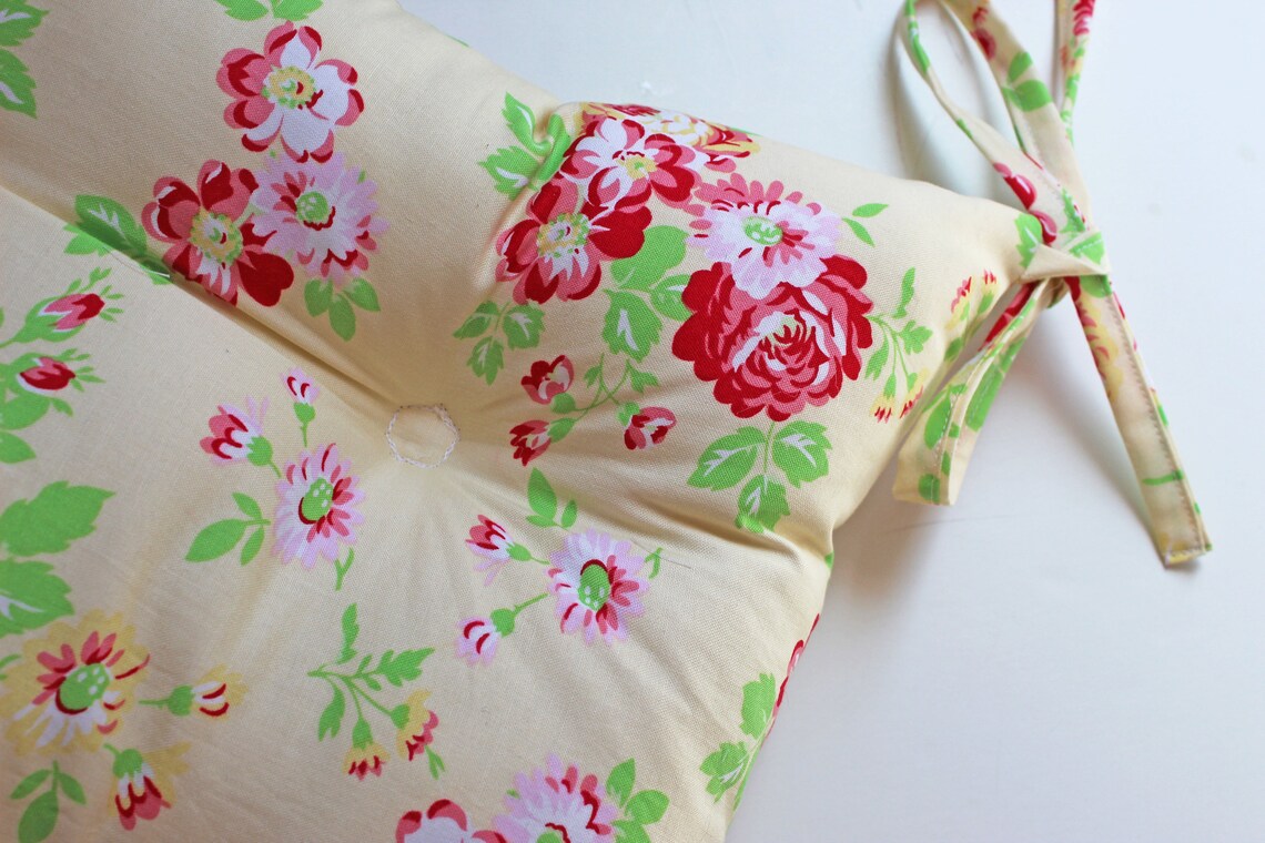 Floral Chair Pad Cream Tufted Cushion with Ties Shabby Chic Etsy