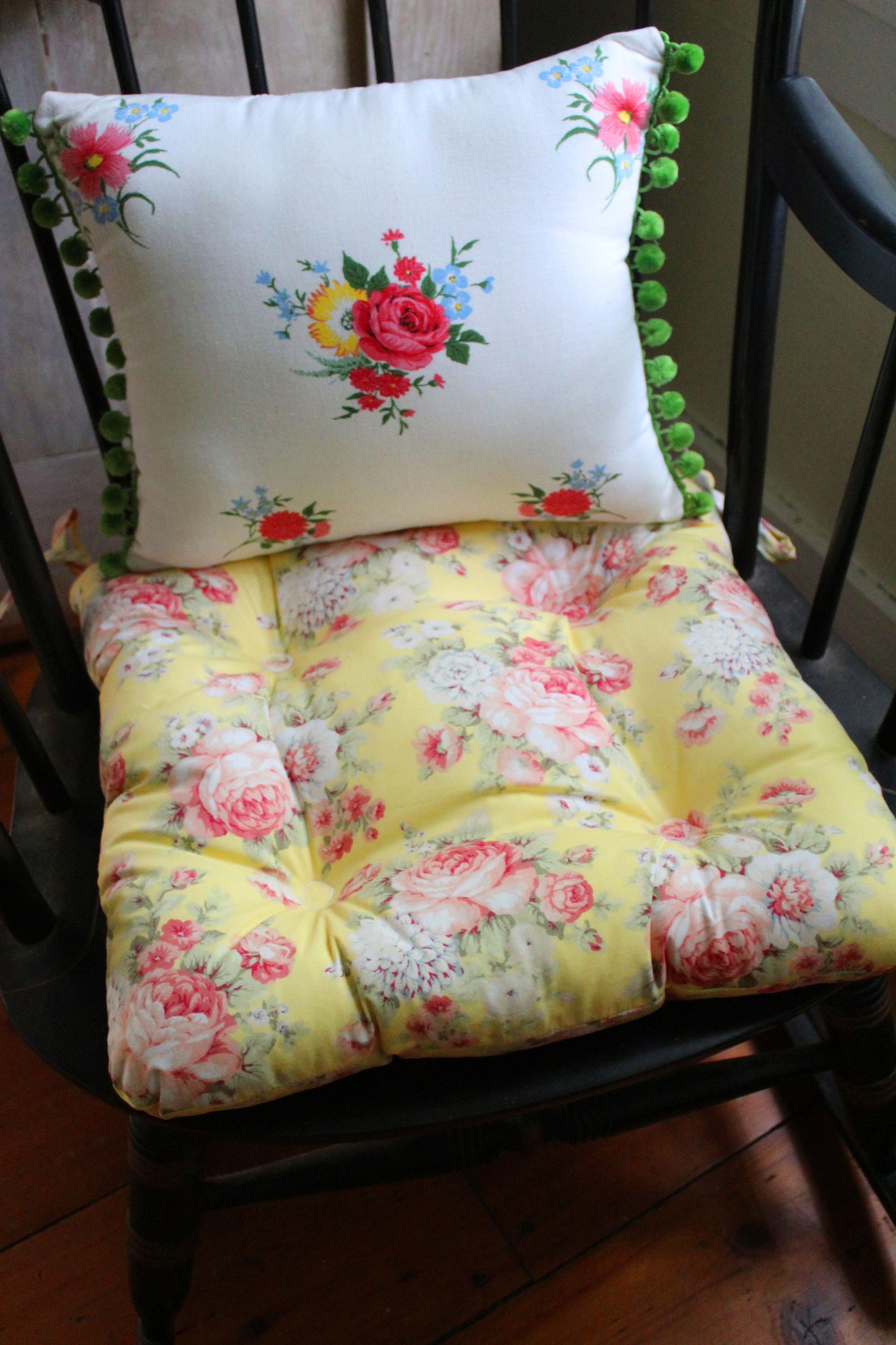 Yellow Floral Chair Cushion Tufted Seat Bottom With Ties Etsy