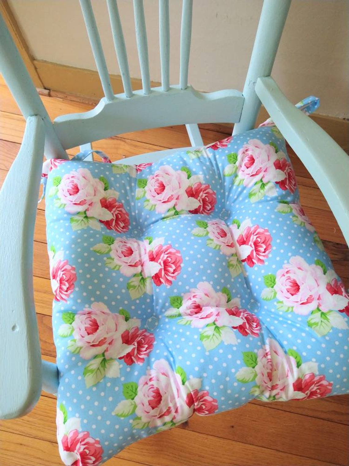 Rose Chair Pad Tufted Cushion Shabby Chic Aqua Seat Kids Etsy