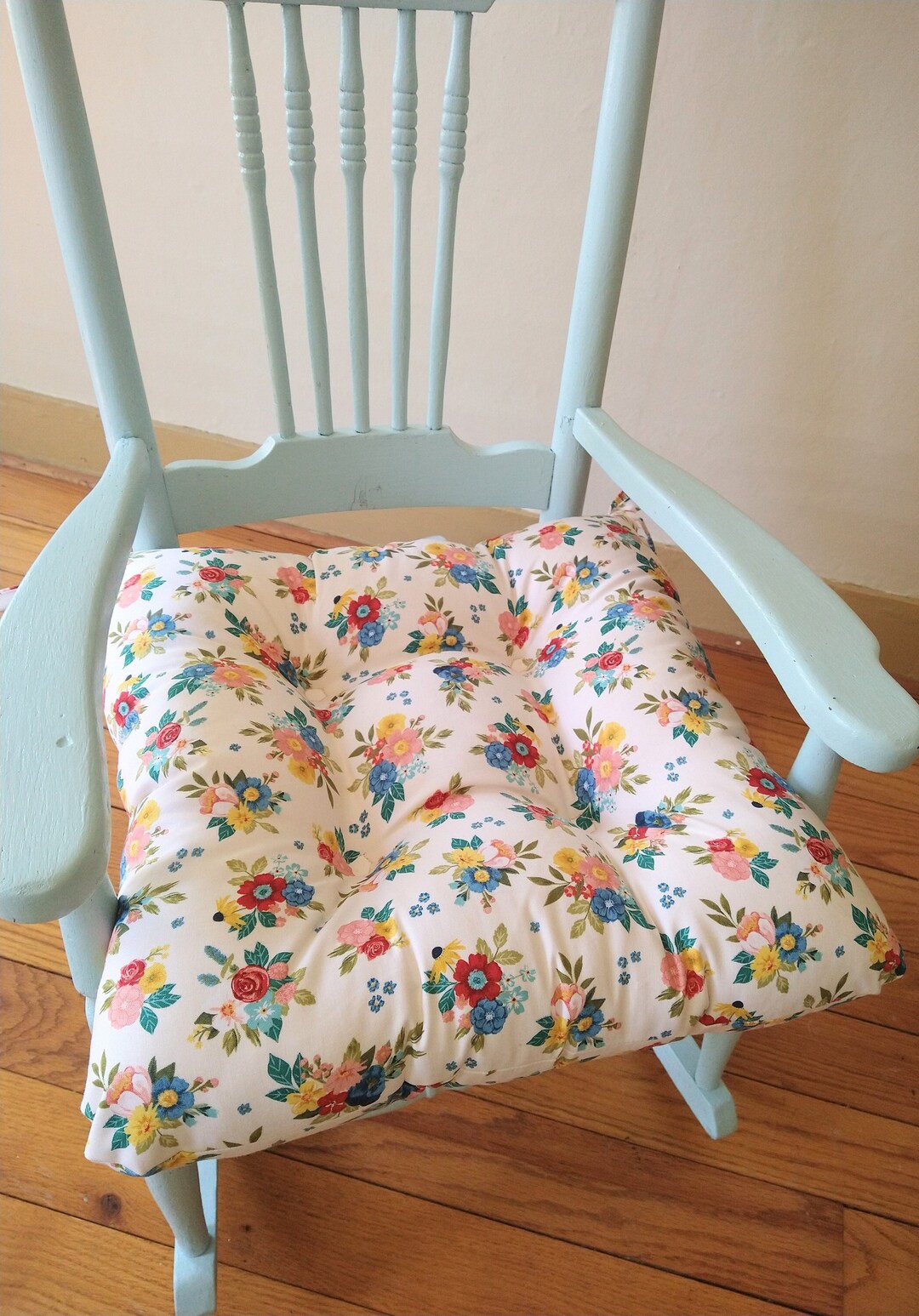 Floral Chair Cushion, Tufted Seat Bottom With Ties, 16 Inch Only