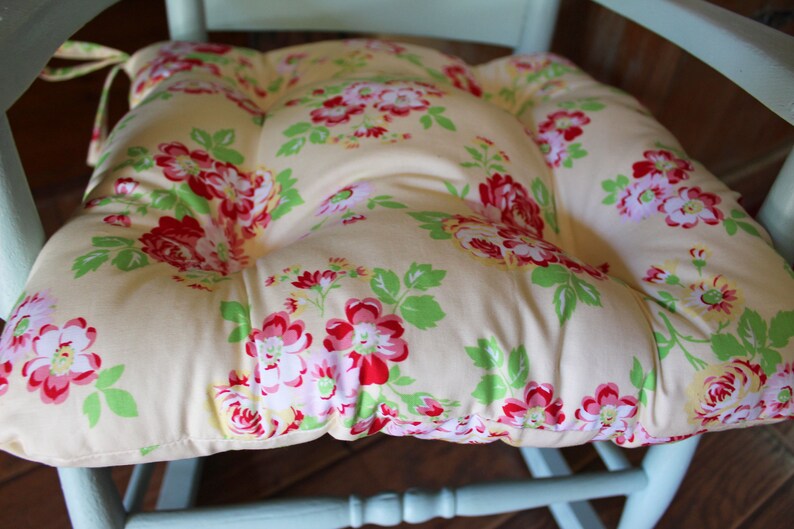 Floral Chair Pad Cream Tufted Cushion with Ties Shabby Chic Etsy