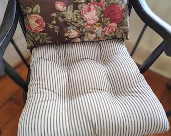 French Country Tufted Chair Pad: Black Ticking Stripe Seat Cushion