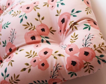 Floral Tufted Chair Cushion: Pink Watercolor Pad, Custom Size