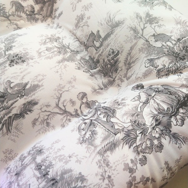 French Toile Seat Cushion, Black, Gray and White Tufted Chair Pad, French Country Scenes, Rocking Chair, Glider