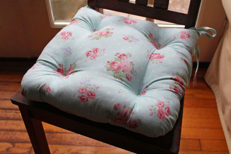 Aqua Chair Pad Tufted Cushion with Ties Shabby Chic Floral Etsy