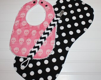 Baby Girl Gift Set - Riley Blake Black and Hot Pink Chevron, Dots, Geekly Chic Skulls - Bib, Burpcloth, Pacifier Clip