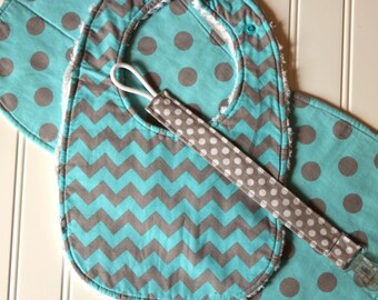 Baby Gift Set - Aqua and Gray Chevron and Dots - Bib, Burp Cloth, Pacifier Clip - Infant Gift Set, Baby Shower Gift