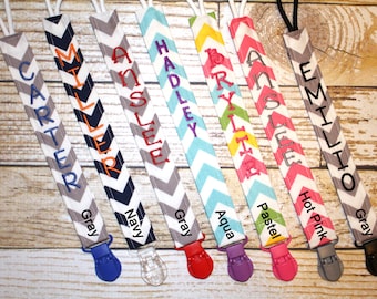 Personalized Pacifier Clips with plastic clip, Chevron Pacifier Clips - Mam Gumdrop Nuk Avent Soothie Binky Clips