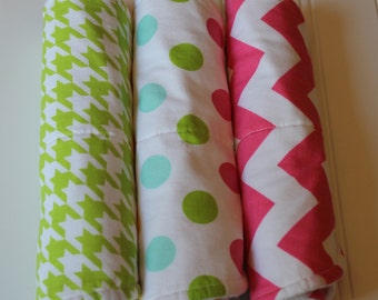 Baby Burp Cloths-  Set of Three - Baby Girl Burp Cloth, baby burp rags, Chevron, Houndstooth, Polka Dots