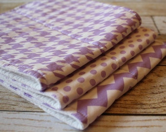 Baby Girl Burp Cloths - Baby Burp Rags - Boutique Quality - Set of three - Lavender Chevron, Houndstooth, Polka Dots - Baby Burp Clothes