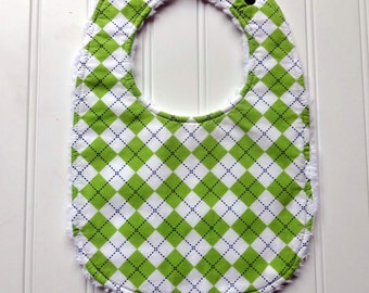 Baby Boy Bib - Riley Blake Navy and Lime Green Chevron, Remix Argyle- Designer Adjustable Chenille Bib