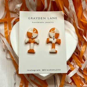 Orange and White Checkered Power T Dangle Earrings