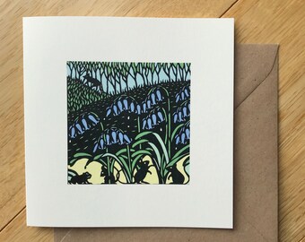 Wildlife Greeting Card BLANK, Eco-friendly Paper: Bluebells and Wood Mice