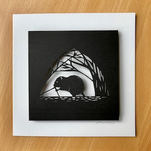Arvicola d'acqua, biglietto d'auguri ecologico tagliato al laser, vuoto, firmato individualmente, arte ritagliata sulla carta, arte della fauna selvatica