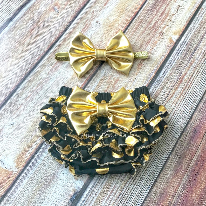 newborn clothing baby shower gift Black and gold baby bloomer set custom bloomers baby girl diaper cover polka dots baby girl headband