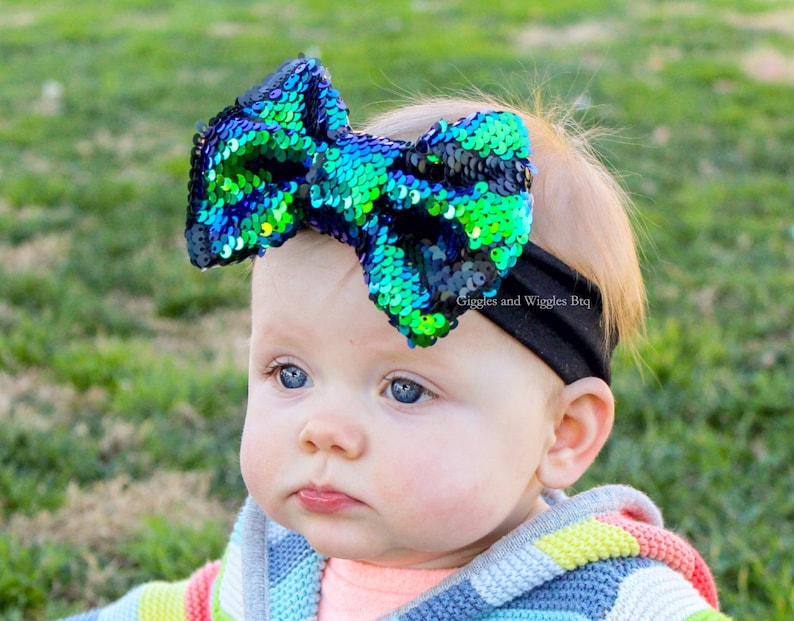 big bows reversible sequin purple and blue two toned sparkle bow green and black Baby headbands mermaid birthday flip sequin bows