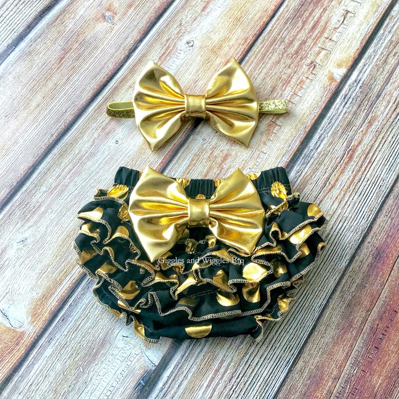 newborn clothing baby shower gift Black and gold baby bloomer set custom bloomers baby girl diaper cover polka dots baby girl headband