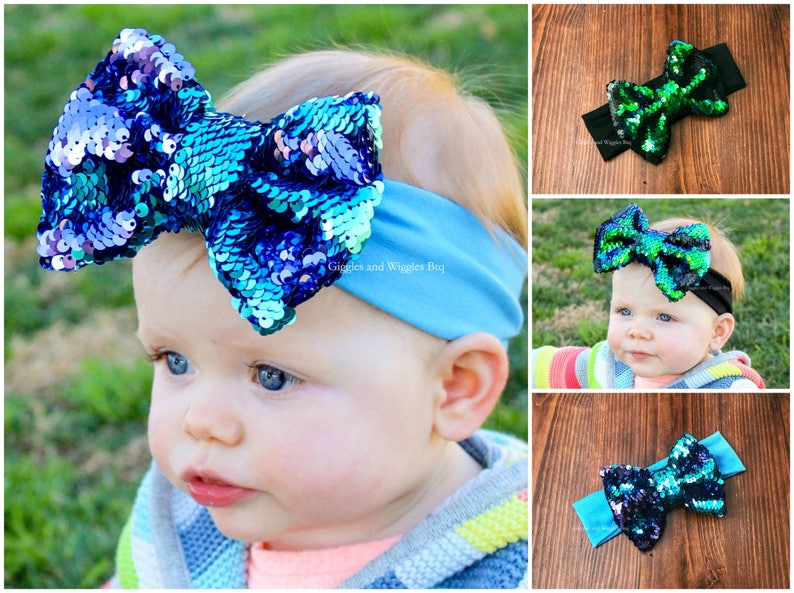 big bows reversible sequin purple and blue two toned sparkle bow green and black Baby headbands mermaid birthday flip sequin bows