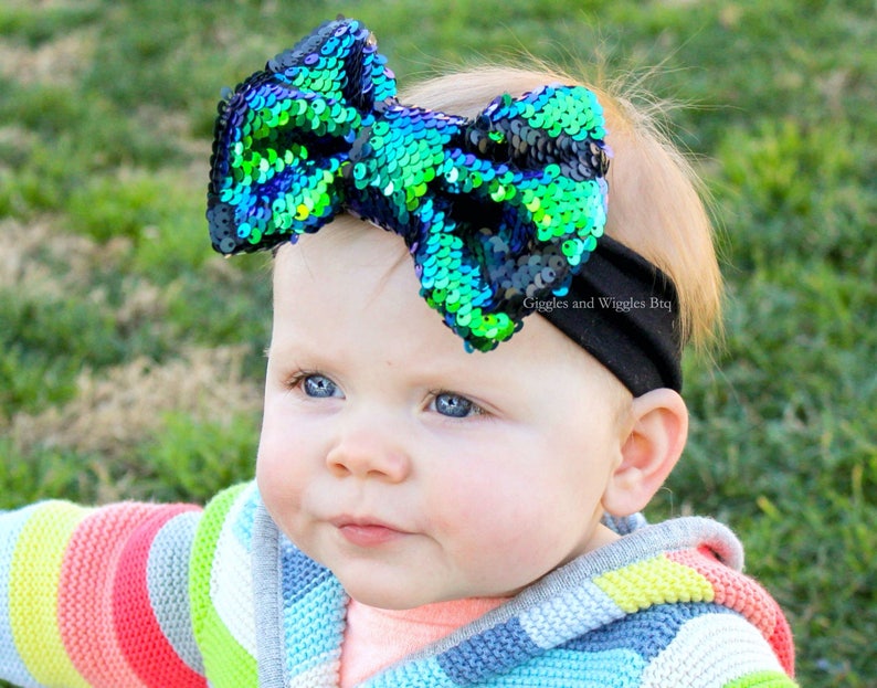 big bows reversible sequin purple and blue two toned sparkle bow green and black Baby headbands mermaid birthday flip sequin bows
