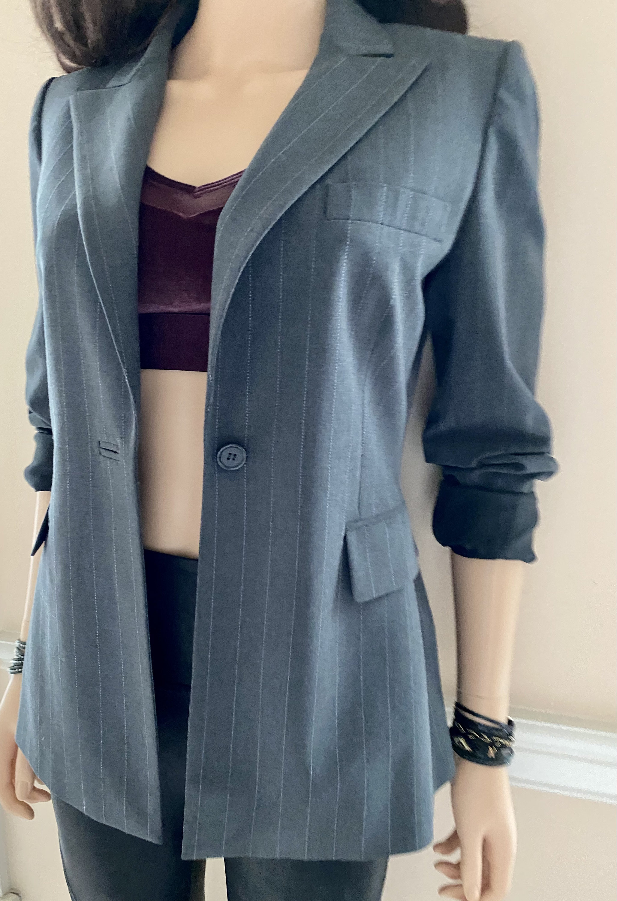 Vintage 90s fitted shoulder pads blazer / gray pinstripe Etsy