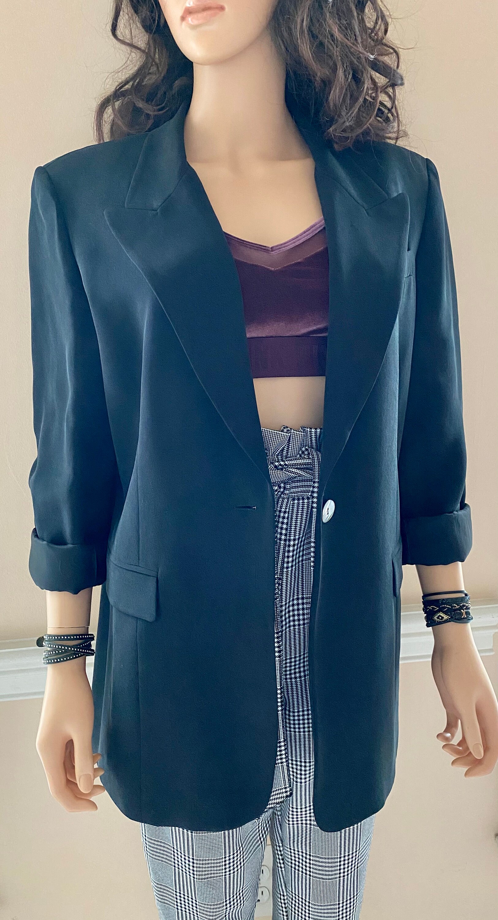 Vintage 90s oversized shoulder pads blazer / black silk Etsy