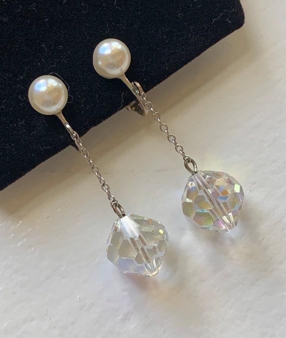 Vintage Pearl & Crystal Dangle Earrings - image 1