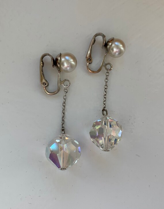 Vintage Pearl & Crystal Dangle Earrings - image 3