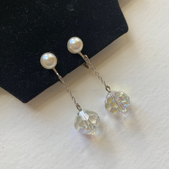 Vintage Pearl & Crystal Dangle Earrings - image 6