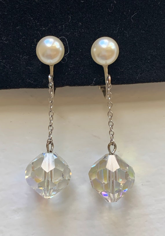 Vintage Pearl & Crystal Dangle Earrings - image 2