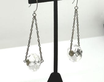 Vintage Large Faceted Crystal Dangle Earrings, Vintage