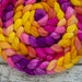 Organic Polwarth/ Silk 'Snapdragons' 4 oz yellow spinning fiber, wool & silk roving, purple hand dyed wool, CreatedbyElsieB pink combed top