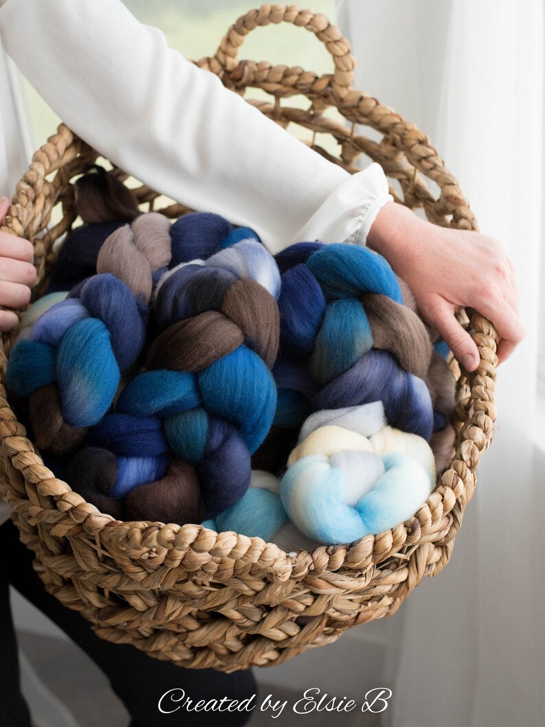 Organic Polwarth /'Sea Storm/' 4 oz blue spinning fiber hand dyed roving brown wool roving for spinning CreatedbyElsieB combed top