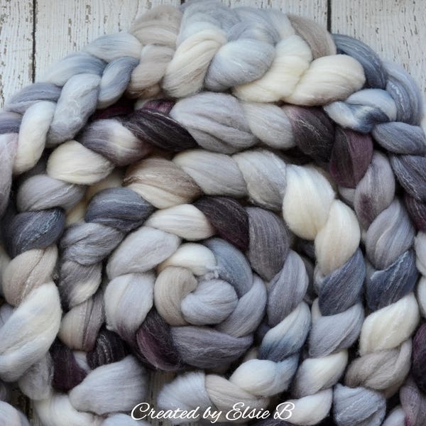 Targhee/ Bamboo/ Silk 'Winter's Eve' 4 oz hand dyed roving by the pound, Created by Elsie B spinning fiber, gray, red, black wool combed top