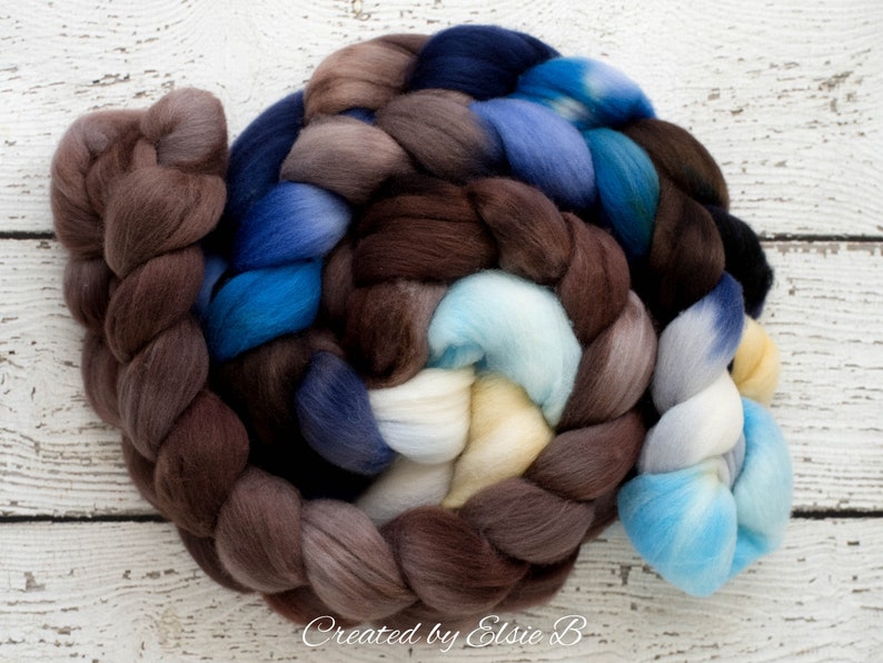 Organic Polwarth /'Sea Storm/' 4 oz blue spinning fiber hand dyed roving brown wool roving for spinning CreatedbyElsieB combed top