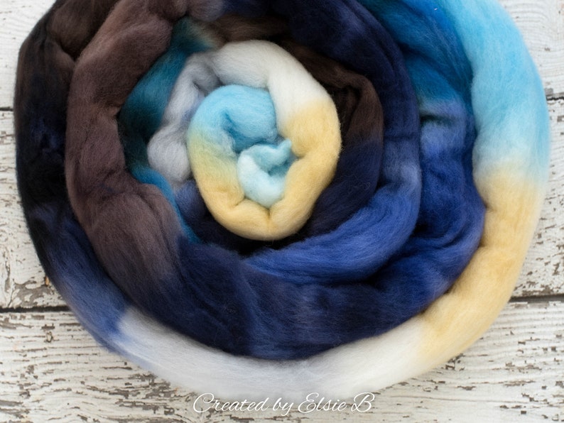 Organic Polwarth /'Sea Storm/' 4 oz blue spinning fiber hand dyed roving brown wool roving for spinning CreatedbyElsieB combed top