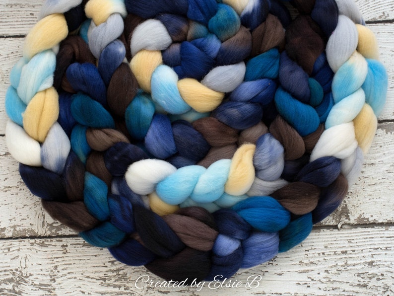 Organic Polwarth /'Sea Storm/' 4 oz blue spinning fiber hand dyed roving brown wool roving for spinning CreatedbyElsieB combed top