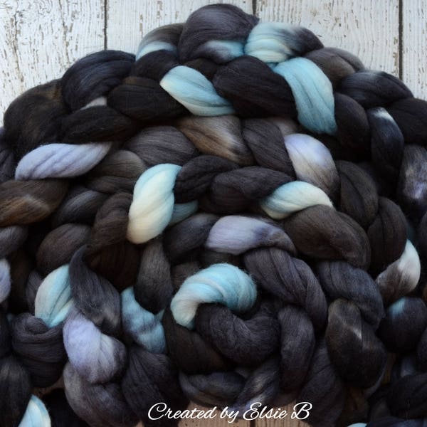 Organic Merino/ Cashmere 'Smoke & Mirrors' 4 oz hand dyed fiber, combed top, wool roving Created by ElsieB spinning fiber, black, blue, grey