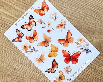Orange Butterflies Decorative Planner Stickers; Decorative Stickers; Floral Stickers; Watercolour Stickers; Scrapbooking Stickers