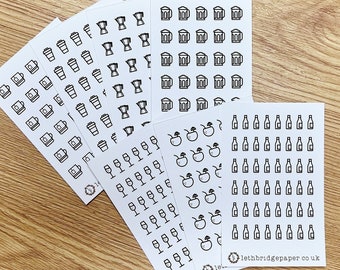 Genomskinliga matta mini-klistermärken för dryckesikoner; Hobonichi-klistermärken; Planerare-klistermärken; Kaffe-klistermärken; Te-klistermärken; Vin-klistermärken; Öl-klistermärken