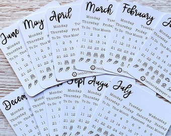 Mini Date Stickers; Calendar Icons; Bullet Journal Stickers; TN Stickers: Vinyl Matte; Monthly Stickers; Weekly Stickers; Monthly Kit