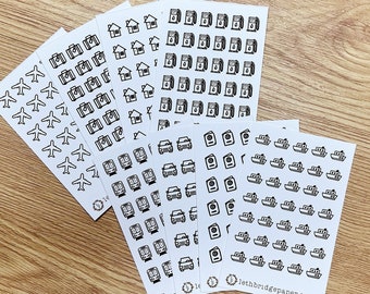 Mini Travel Icon Stickers; Hobonichi Stickers; Planner stickers; Plane stickers; Travel stickers; Train stickers; Car stickers
