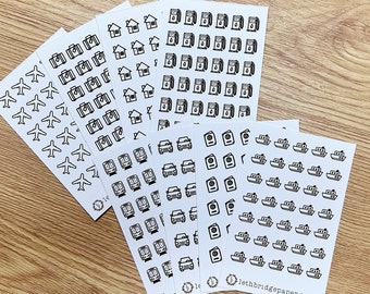 Clear Matte Mini Travel Icon Stickers; Hobonichi Stickers; Planner stickers; Plane stickers; Travel stickers; Train stickers; Car stickers