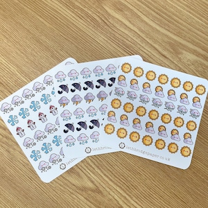 Pegatinas mini con iconos del tiempo kawaii; pegatinas Hobonichi; pegatinas cuadradas; pegatinas para planificador; pegatinas de sol; pegatinas de lluvia; pegatinas de nubes