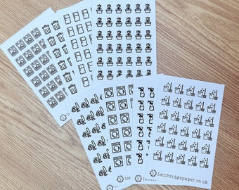 Clear Matte Mini Cleaning Icon Stickers; Hobonichi Stickers; Planner stickers; Chore stickers; Vacuum Stickers; Clothes Wash stickers; Plant