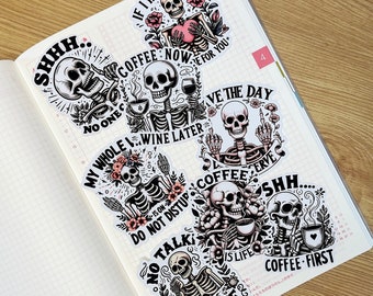 Funny Skull Coffee Love Die Cut Vinyl Stickers; Notebook Stickers; Kawaii Stickers; Cute Stickers; Sassy Stickers; Planner Stickers