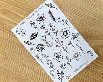 Flower Outline Decorative Planner Stickers; Decorative Stickers; Floral Stickers; Watercolour Stickers; Scrapbooking Stickers